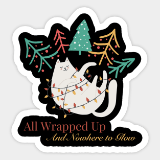 Funny Christmas Cat Wrapped in Lights, Surrounded by Trees Sticker